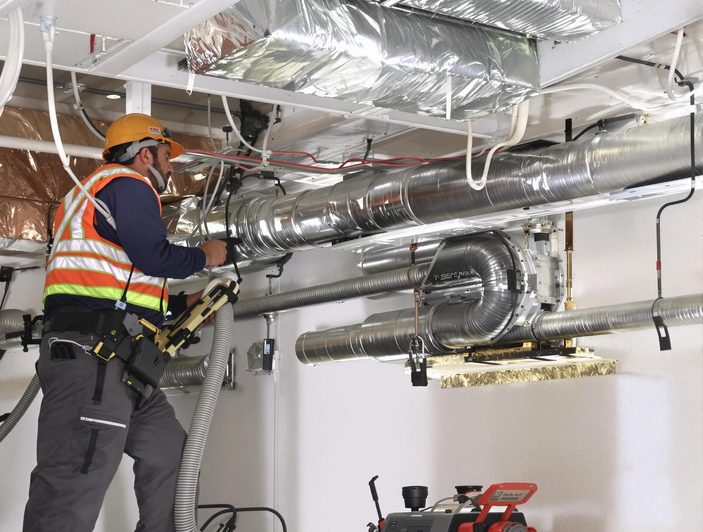 Costa Mesa Air Duct Cleaning technician performing precision vacuum insulation removal in a residential property in Costa Mesa